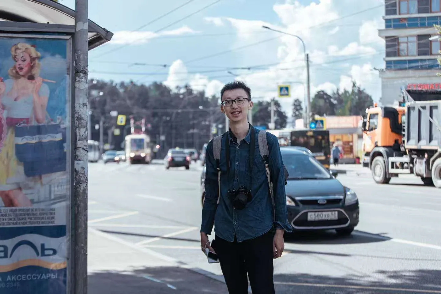 The author on a street in St. Petersburg, Russia, during the 2017 Travel Fellowship. Photograph by Liu Songkai