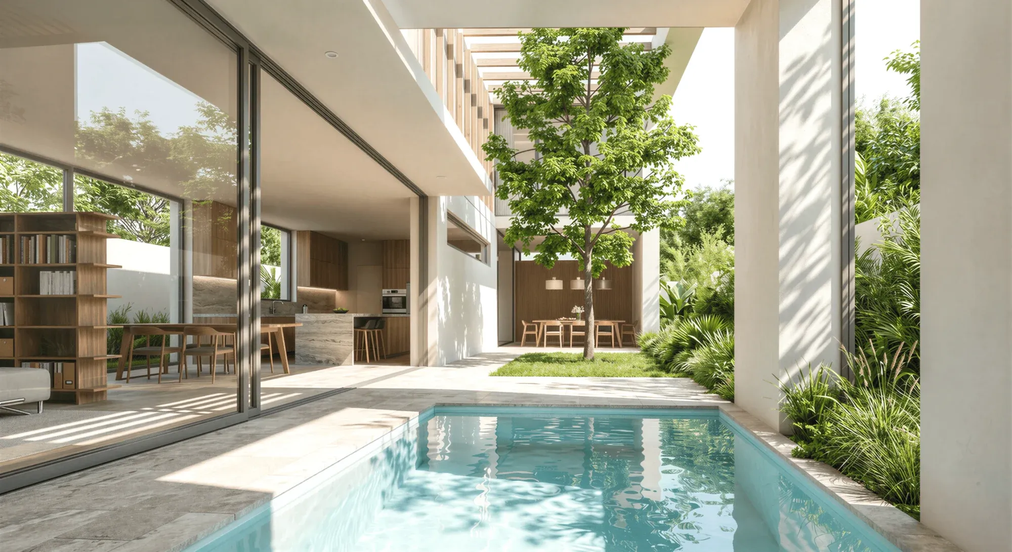 Project visualization looking along the courtyard pool toward glazed living spaces and an outdoor dining area.