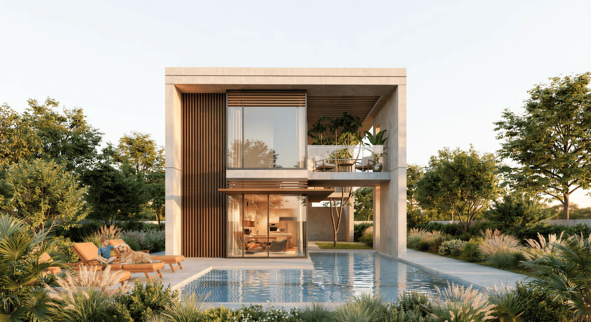 Project visualization of a two-storey garden elevation with an upper terrace facing a swimming pool.