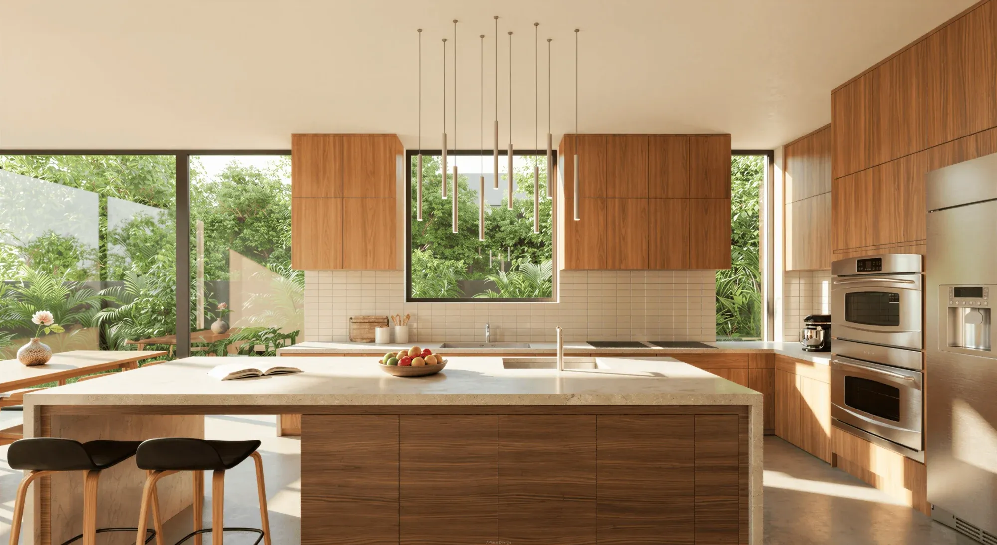 Project visualization of a kitchen with timber cabinetry, a pale island, and windows overlooking planting.