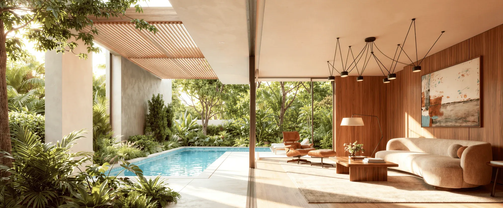 Project visualization of a timber-lined living room opening onto a pool and planted garden.