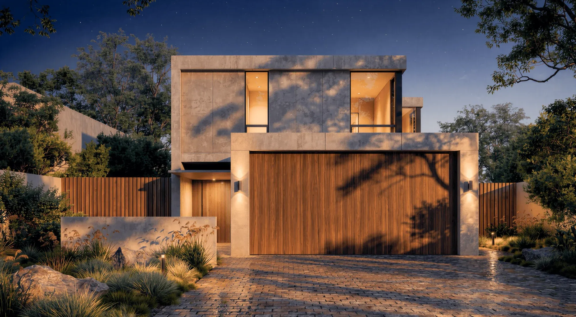 Evening project visualization of the street elevation with illuminated windows and a timber garage door.